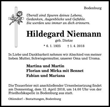 Traueranzeige von Hildegard Niemann von Hildesheimer Allgemeine Zeitung
