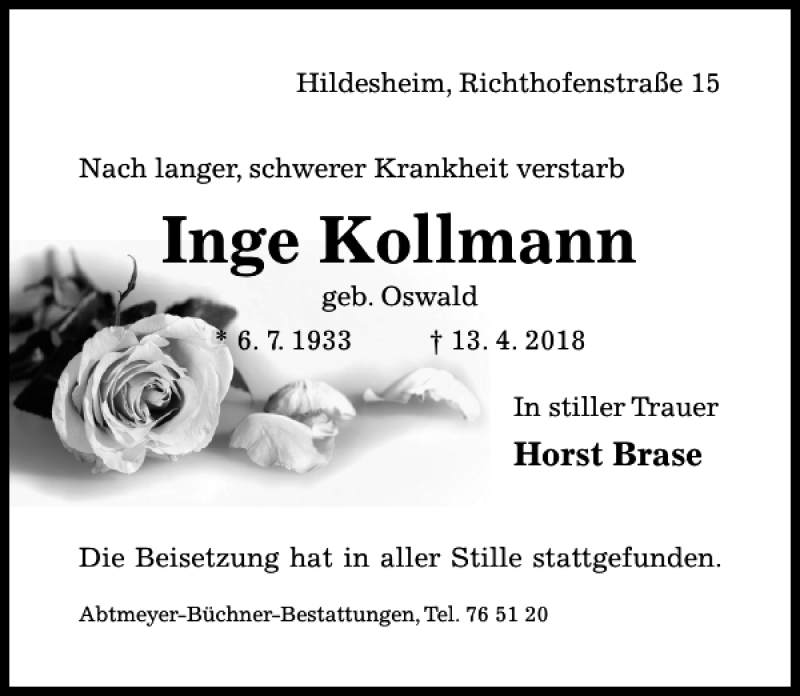  Traueranzeige für Inge Kollmann vom 28.04.2018 aus Hildesheimer Allgemeine Zeitung