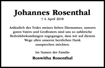 Traueranzeige von Johannes Rosenthal von Hildesheimer Allgemeine Zeitung