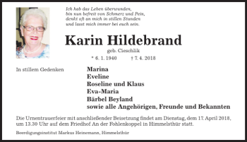 Traueranzeige von Karin Hildebrand von Hildesheimer Allgemeine Zeitung