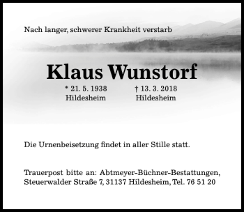 Traueranzeige von Klaus Wunstorf von Hildesheimer Allgemeine Zeitung