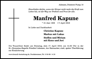 Traueranzeige von Manfred Kapune von Hildesheimer Allgemeine Zeitung