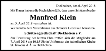 Traueranzeige von Manfred Klein von Hildesheimer Allgemeine Zeitung