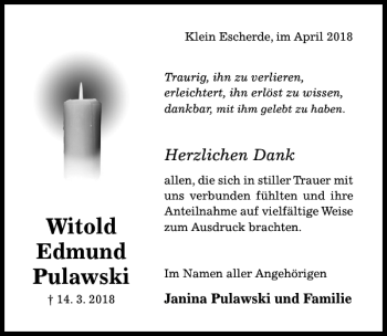Traueranzeige von Witold Edmund Pulawski von Hildesheimer Allgemeine Zeitung