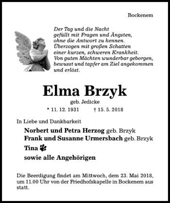 Traueranzeige von Elma Brzyk von Hildesheimer Allgemeine Zeitung