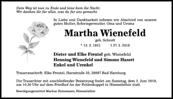 Traueranzeige von Martha Wienefeld von Hildesheimer Allgemeine Zeitung