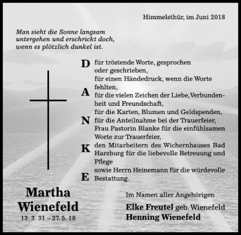 Traueranzeige von Martha Wienefeld von Hildesheimer Allgemeine Zeitung