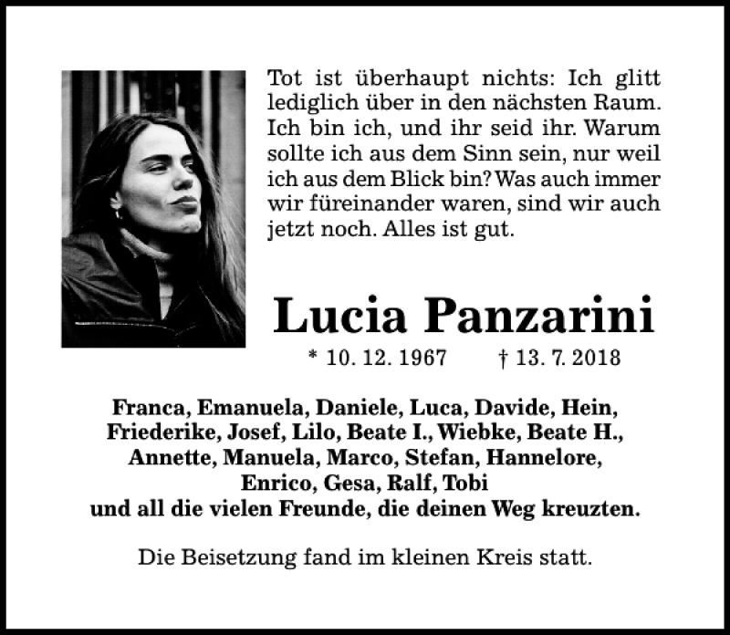  Traueranzeige für Lucia Panzarini vom 25.08.2018 aus Hildesheimer Allgemeine Zeitung