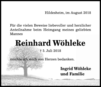 Traueranzeige von Reinhard Wöhleke von Hildesheimer Allgemeine Zeitung