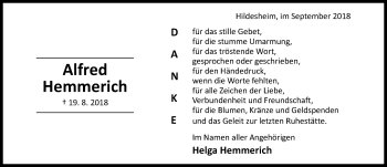 Traueranzeige von Alfred Hemmerich von Hildesheimer Allgemeine Zeitung