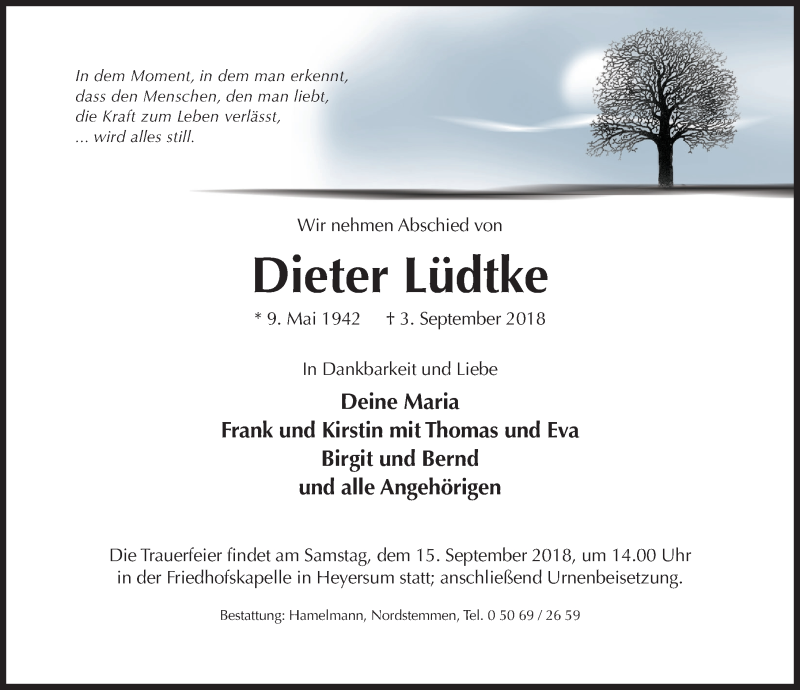  Traueranzeige für Dieter Lüdtke vom 08.09.2018 aus Hildesheimer Allgemeine Zeitung