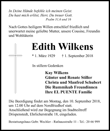 Traueranzeige von Edith Wilkens von Hildesheimer Allgemeine Zeitung
