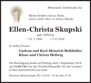 Traueranzeige von Ellen-Christa Skupski von Hildesheimer Allgemeine Zeitung