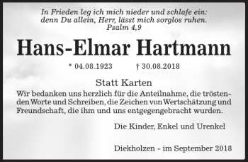 Traueranzeige von Hans-Elmar Hartmann von Hildesheimer Allgemeine Zeitung