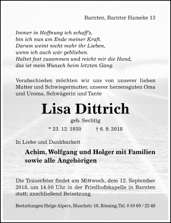 Traueranzeige von Lisa Dittrich von Hildesheimer Allgemeine Zeitung