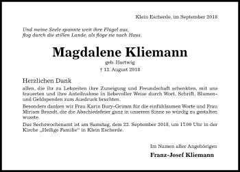 Traueranzeige von Magdalene Kliemann von Hildesheimer Allgemeine Zeitung