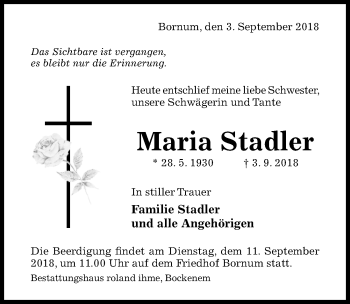 Traueranzeige von Maria Stadler von Hildesheimer Allgemeine Zeitung