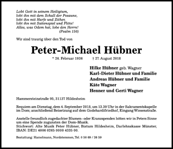 Traueranzeige von Peter-Michael Hübner von Hildesheimer Allgemeine Zeitung