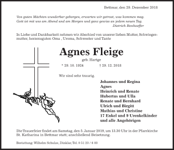 Traueranzeige von Agnes Fleige von Hildesheimer Allgemeine Zeitung