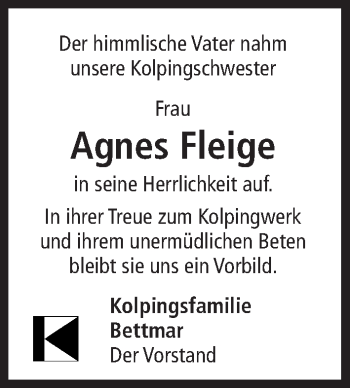 Traueranzeige von Agnes Fleige von Hildesheimer Allgemeine Zeitung