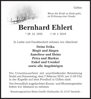 Traueranzeige von Bernhard Ehlert von Hildesheimer Allgemeine Zeitung