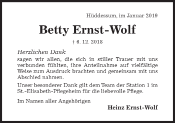 Traueranzeige von Betty Ernst-Wolf von Hildesheimer Allgemeine Zeitung