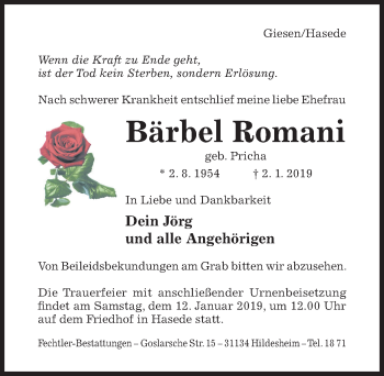 Traueranzeige von Bärbel Romani von Hildesheimer Allgemeine Zeitung