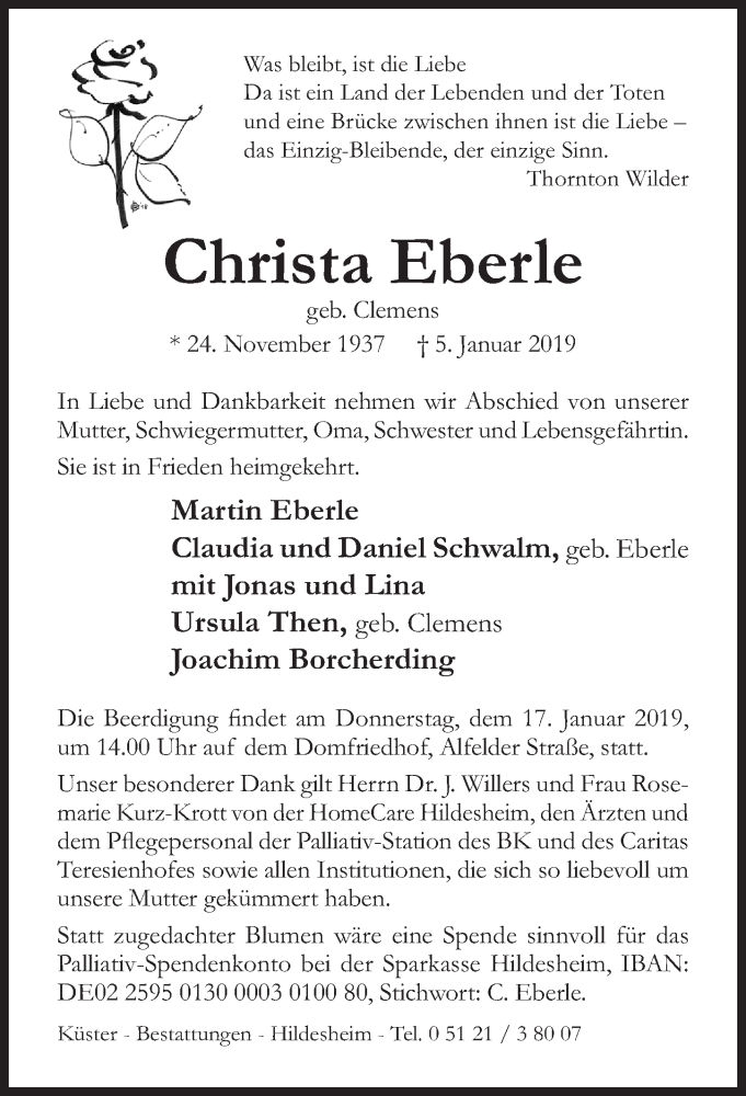  Traueranzeige für Christa Eberle vom 12.01.2019 aus Hildesheimer Allgemeine Zeitung