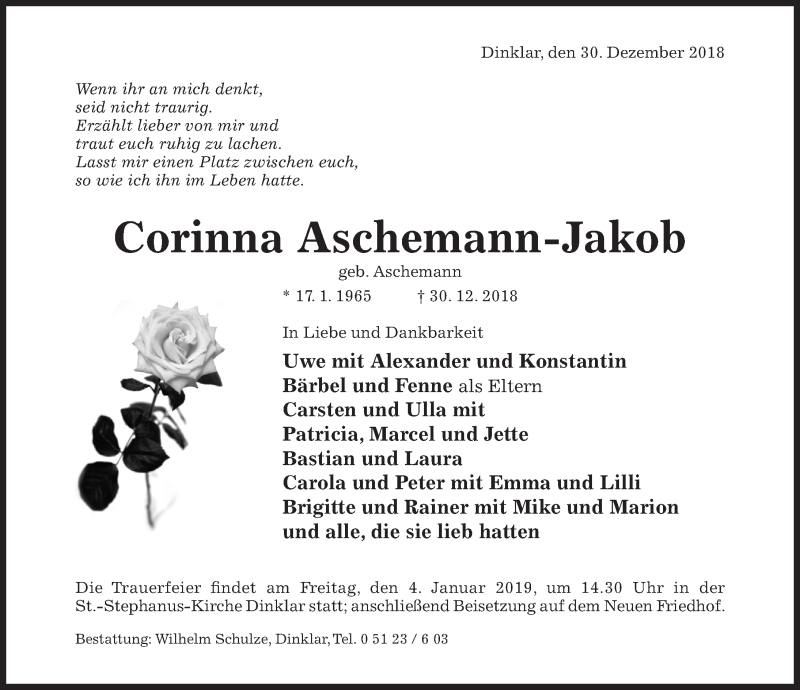  Traueranzeige für Corinna Aschemann-Jakob vom 03.01.2019 aus Hildesheimer Allgemeine Zeitung