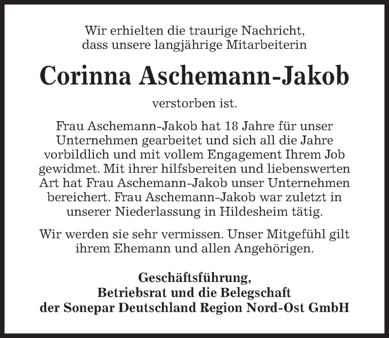  Traueranzeige für Corinna Aschemann-Jakob vom 19.01.2019 aus Hildesheimer Allgemeine Zeitung