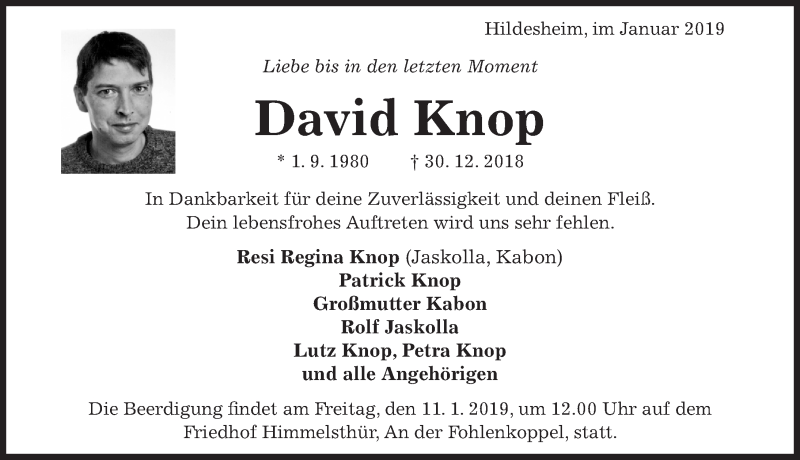  Traueranzeige für David Knop vom 08.01.2019 aus Hildesheimer Allgemeine Zeitung