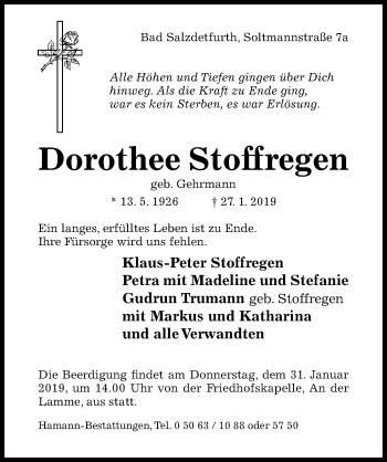 Traueranzeige von Dorothee Stoffregen von Hildesheimer Allgemeine Zeitung