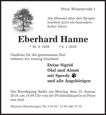 Traueranzeige von Eberhard Hanne von Hildesheimer Allgemeine Zeitung