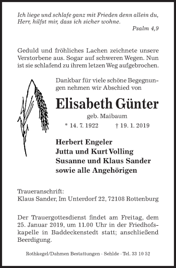 Traueranzeige von Elisabeth Günter von Hildesheimer Allgemeine Zeitung