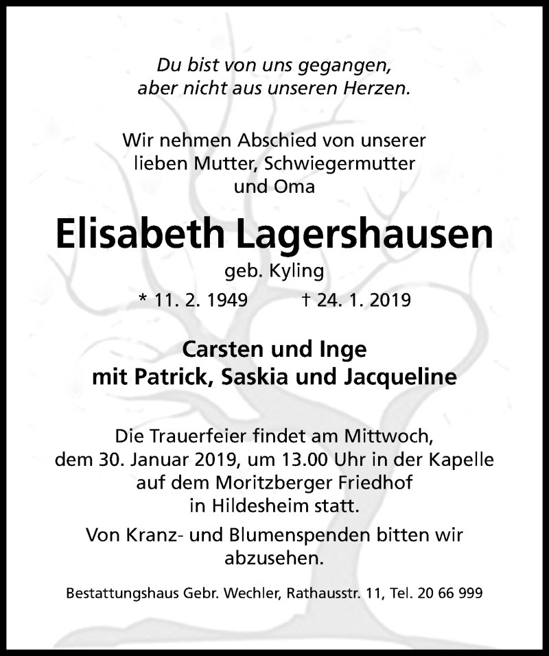 Traueranzeigen Von Elisabeth Lagershausen Trauerportal Hildesheimer Allgemeine Zeitung