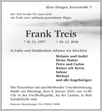 Traueranzeige von Frank Treis von Hildesheimer Allgemeine Zeitung