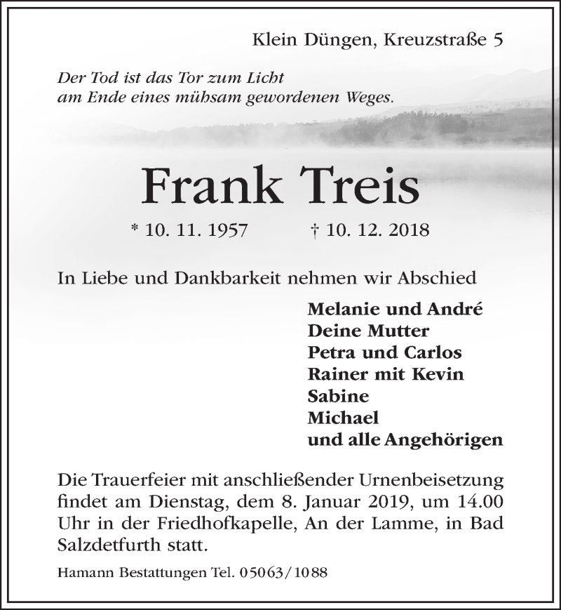  Traueranzeige für Frank Treis vom 05.01.2019 aus Hildesheimer Allgemeine Zeitung