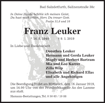 Traueranzeige von Franz Leuker von Hildesheimer Allgemeine Zeitung