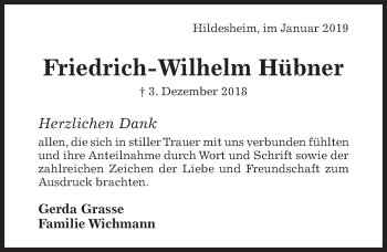 Traueranzeige von Friedrich-Wilhelm Hübner von Hildesheimer Allgemeine Zeitung