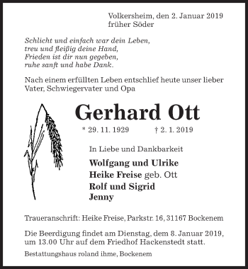 Traueranzeige von Gerhard Ott von Hildesheimer Allgemeine Zeitung