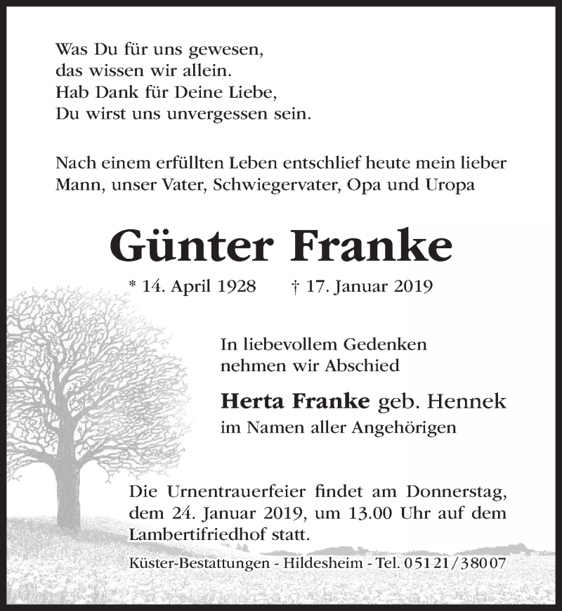 Traueranzeige für Günter Franke vom 19.01.2019 aus Hildesheimer Allgemeine Zeitung