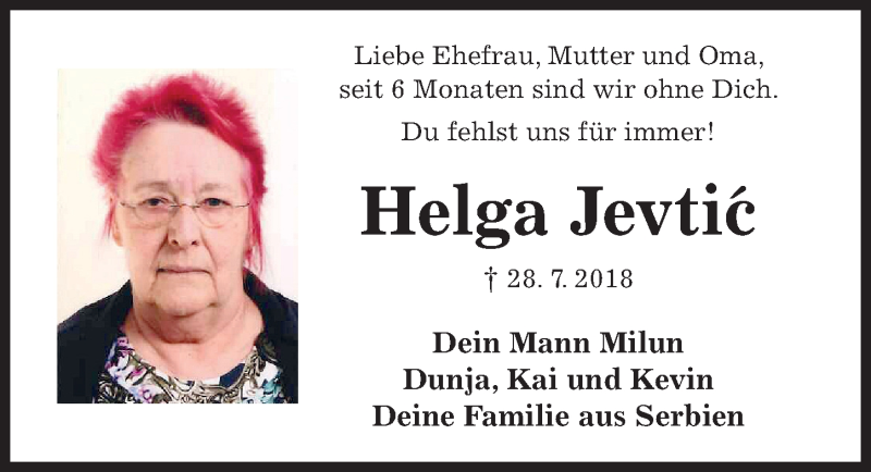  Traueranzeige für Helga Jevtic vom 26.01.2019 aus Hildesheimer Allgemeine Zeitung
