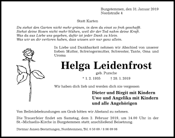 Traueranzeige von Helga Leidenfrost von Hildesheimer Allgemeine Zeitung