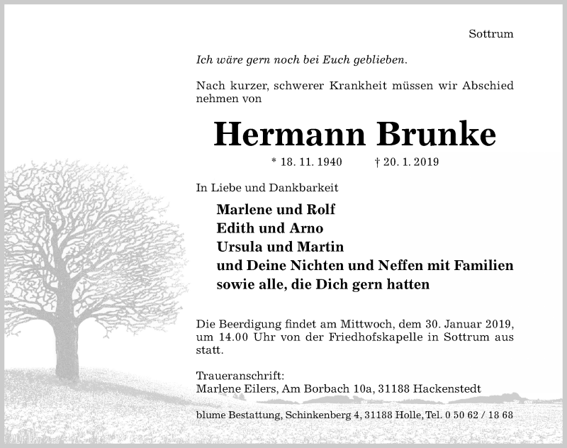  Traueranzeige für Hermann Brunke vom 26.01.2019 aus Hildesheimer Allgemeine Zeitung