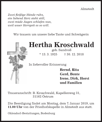 Traueranzeige von Hertha Kroschwald von Hildesheimer Allgemeine Zeitung