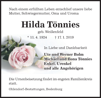 Traueranzeige von Hilda Tönnies von Hildesheimer Allgemeine Zeitung