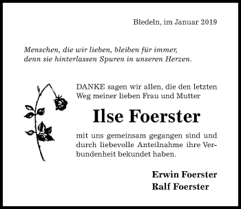 Traueranzeige von Ilse Foerster von Hildesheimer Allgemeine Zeitung