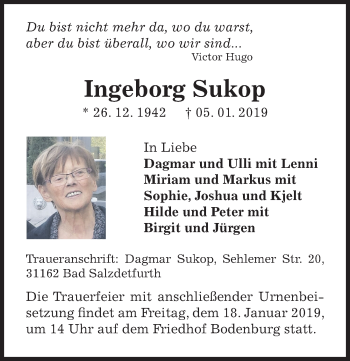 Traueranzeige von Ingeborg Sukop von Hildesheimer Allgemeine Zeitung