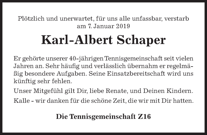  Traueranzeige für Karl-Albert Schaper vom 12.01.2019 aus Hildesheimer Allgemeine Zeitung