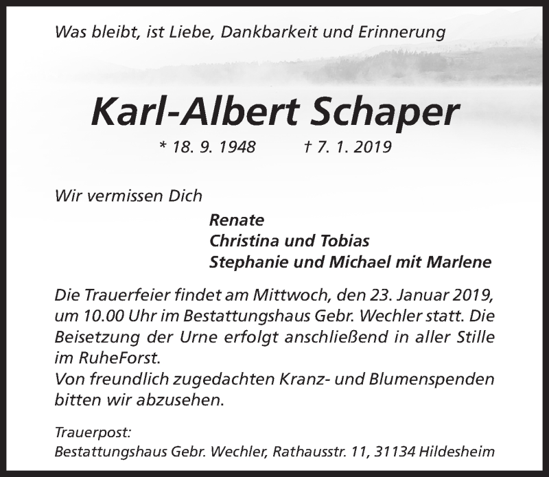  Traueranzeige für Karl-Albert Schaper vom 12.01.2019 aus Hildesheimer Allgemeine Zeitung